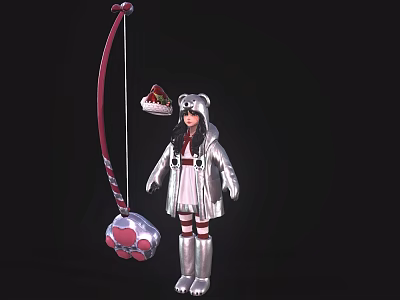 Game Movie Character With Bear Ear Headdress Red Bow Shark Head Decoration And Silver Outfit 3d model