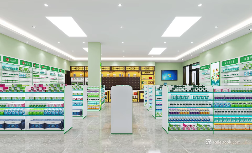 Pharmacy Store Interior with Shelves Medicines Green Decor and TV Screen 3d model 