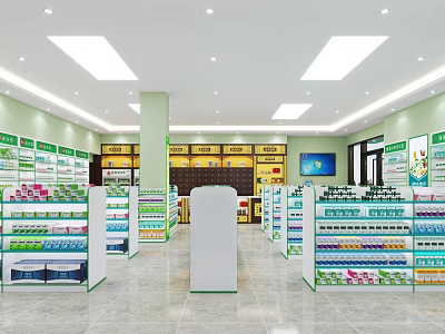 Pharmacy Store Interior with Shelves Medicines Green Decor and TV Screen 3d model