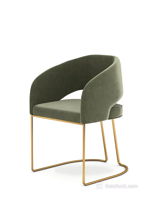 Dark Green Velvet Upholstered Dining Chair With Curved Backrest And Gold Metal Legs 3d model 
