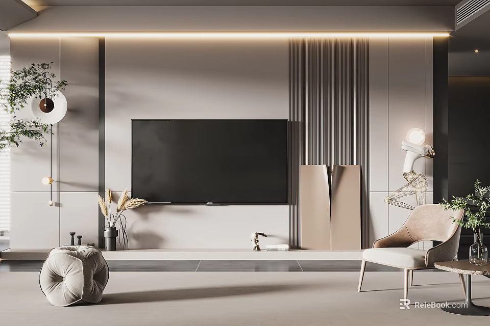Modern Minimalist TV Background Wall Design With Wooden Slats Soft Lighting And Accent Chair 3d model 