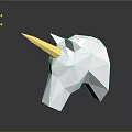 White Polygonal Unicorn Head Sculpture With Yellow Horn On Dark Reflective Background