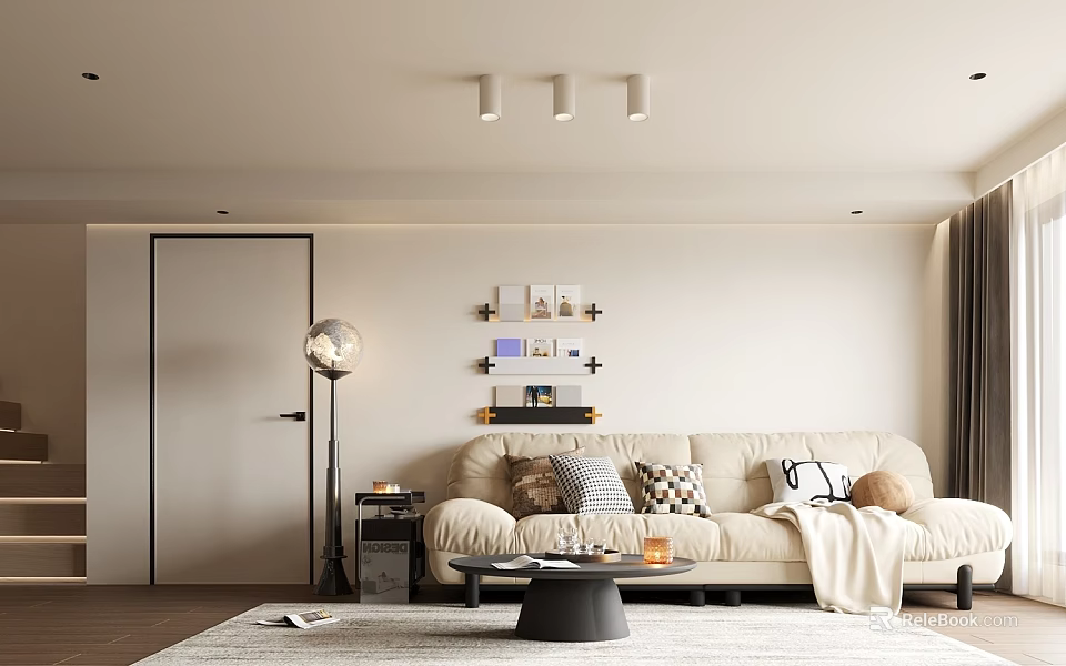 Minimalist Living Room Interior With Beige Sofa Throw Pillows Wall Shelves And Floor Lamp 3d model 