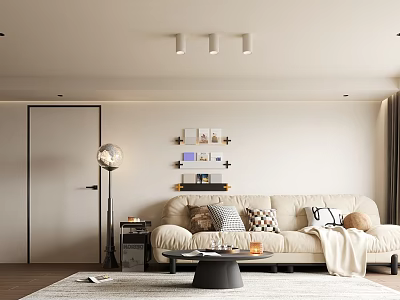 Minimalist Living Room Interior With Beige Sofa Throw Pillows Wall Shelves And Floor Lamp 3d model