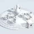 Teacup Amusement Ride with Large Decorative Teapot Center Colorful Seats Blue Railings and Ornate Pavilion