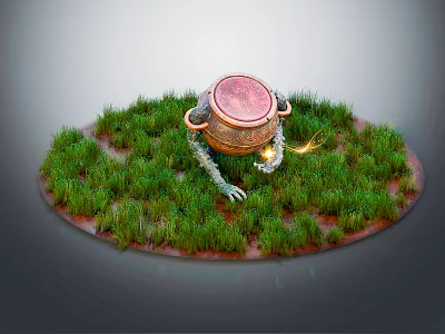 Green Grass Field With Copper Pot And Claw Like Structures On Red Ground 3d model