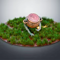Green Grass Field With Copper Pot And Claw Like Structures On Red Ground