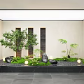 Tranquil Indoor Landscape With Green Grass Trees Black Stones And Round Lights