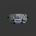 Futuristic Triangular Mechanical Device With Metallic Body Blue Components And Green Details