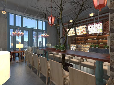 Modern Café Interior Design With Wooden Bar Green Plants Hanging Lamps And Large Windows 3d model
