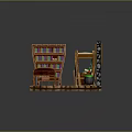 Wooden Bookshelf With Books In Room Featuring Bunk Bed Desk Stone Wall And Wooden Floor
