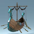 Traditional Wooden Ship With Dragon Head Decoration Colorful Shields Oars And Mast