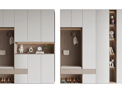Modern White Shoe Cabinet Interior With Hanging Area And Decorative Items 3d model