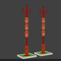 Traditional Red Roadside Facilities With Lanterns And Green Patterned Bases 3d model