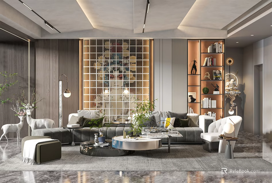 Modern Living Room Interior With Glass Partition Bookshelf Coffee Table And Green Plants 3d model 