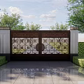 Architectural Exterior Wall With Intricate Geometric Pattern Gate And Lush Greenery 3d model