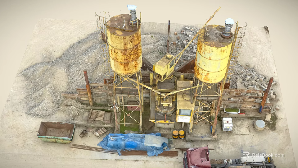 Industrial Factory With Rusty Concrete Silos Crane Gravel Trucks And Equipment 3d model 
