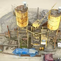 Industrial Factory With Rusty Concrete Silos Crane Gravel Trucks And Equipment