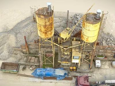Industrial Factory With Rusty Concrete Silos Crane Gravel Trucks And Equipment 3d model