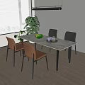 Modern Dining Table Set With Brown Leather Gray Chairs Fruit Bowl Tray And Green Plant