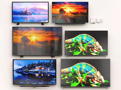 Multiple Televisions Displaying Colorful Scenic And Animal Images On Screens 3d model