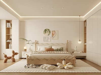 Cozy Bedroom With White Walls Wooden Bookshelves Wardrobe Decorative Paintings Stuffed Toys And Rug 3d model