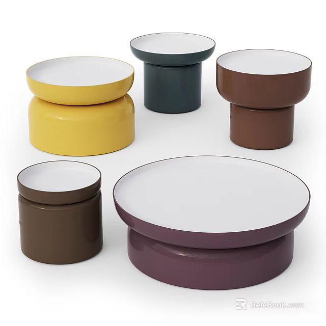 Colorful Round Stackable Trays In Yellow Green Brown And Purple Tones 3d model