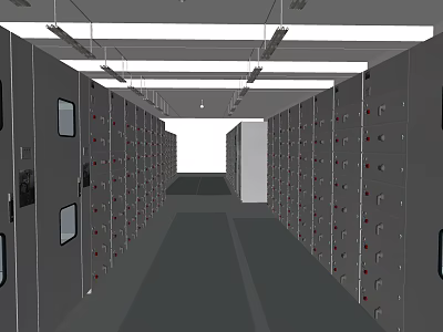 Long Gray Locker Corridor Interior With Neatly Arranged Lockers And Lights 3d model