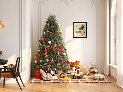 Christmas Tree Decorated With Red Gold Ornaments Gifts Pillows And Fruits In Indoor Festive Setting 3d model