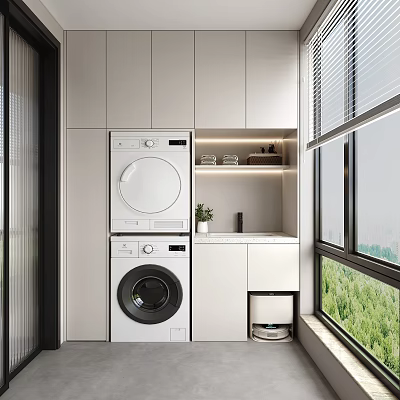 Modern Home Balcony With Washing Machine Dryer Storage Cabinets And Windows 3d model