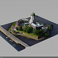 Island Building Model with Green Dome Tower Surrounding Trees Bridge Water and Boats