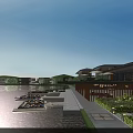Modern Waterfront Hotel Building with Lake Dock Glass Windows Evening Lighting and Greenery Walkway