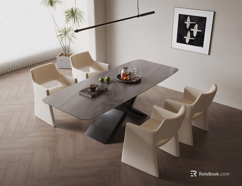 Modern Dining Table Set With Gray Tabletop Four Cream Chairs Black Base And Wooden Floor 3d model 