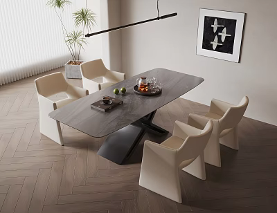 Modern Dining Table Set With Gray Tabletop Four Cream Chairs Black Base And Wooden Floor 3d model