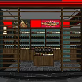 Traditional Style Store with Red Blue Exterior Cartoon Characters and Wine Racks