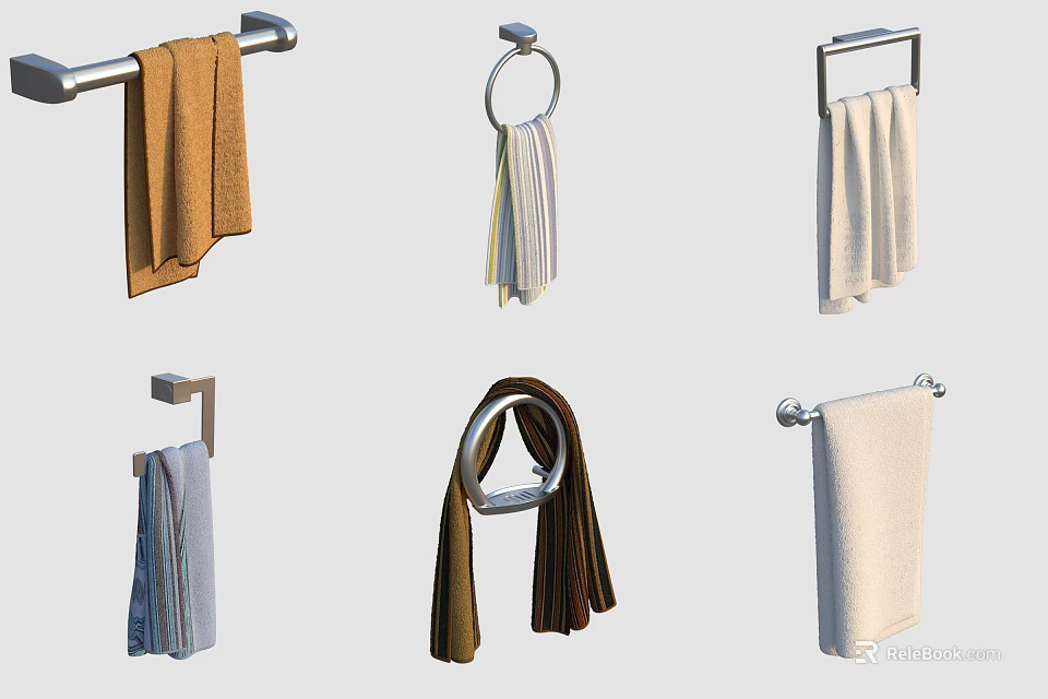 Modern Bathroom Towel Holder Collections With Different Shapes And Colorful Soft Hanging Cotton Towels 3d model 
