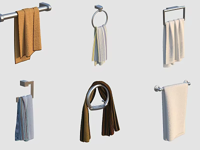 Modern Bathroom Towel Holder Collections With Different Shapes And Colorful Soft Hanging Cotton Towels 3d model