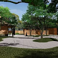 Serene Garden Landscape With Brick Walls Water Pool Latticed Roof And Pathway