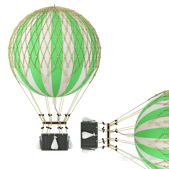 Green and White Striped Hot Air Balloon with Golden Net Structure and Black Baskets 3d model 