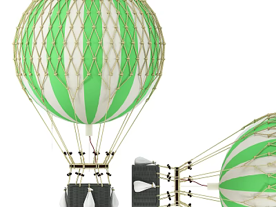 Green and White Striped Hot Air Balloon with Golden Net Structure and Black Baskets 3d model