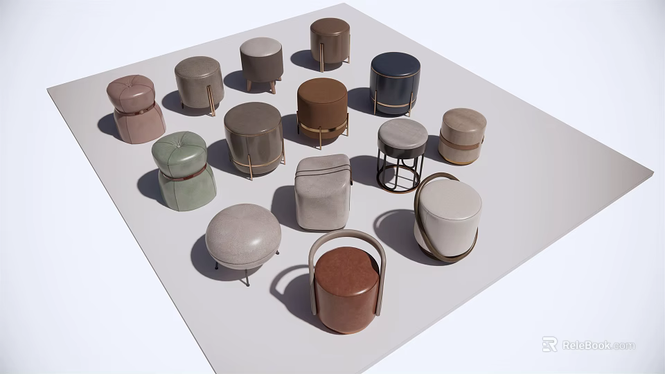 Assorted Sofa Stools In Various Colors With Modern Designs And Metal Legs 3d model