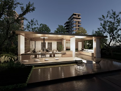 Modern Garden Landscape With Pavilion Water Feature Greenery And Seating Area 3d model