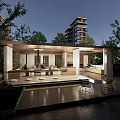 Modern Garden Landscape With Pavilion Water Feature Greenery And Seating Area