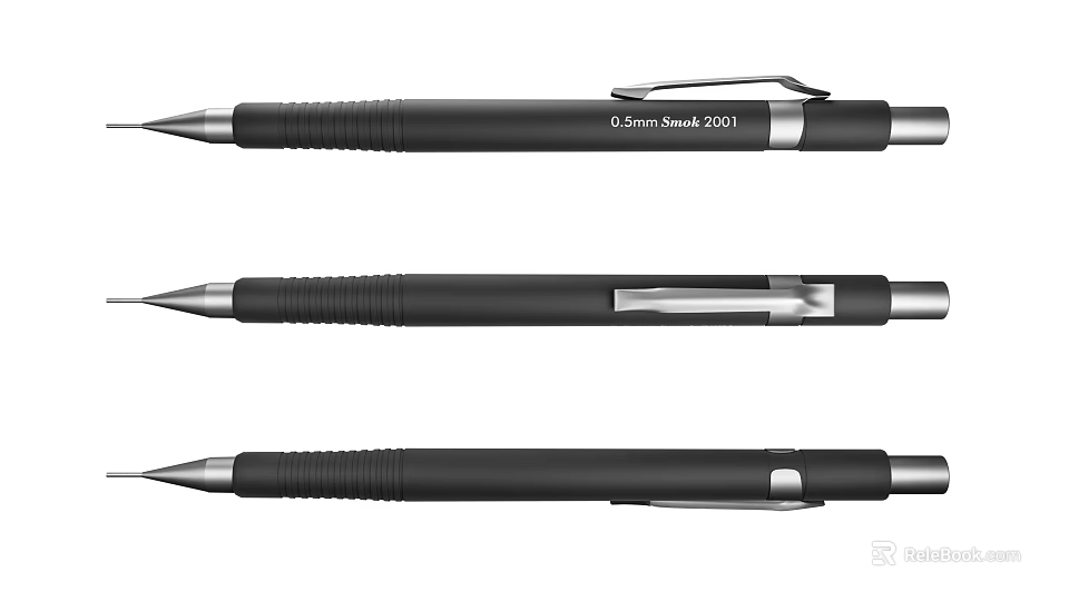 Three Black Mechanical Pencils with 0.5mm Lead Model 2001 Silver Clip Design 3d model