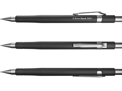 Three Black Mechanical Pencils with 0.5mm Lead Model 2001 Silver Clip Design 3d model