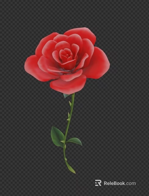 Beautiful Red Rose Flower With Fresh Green Stem And Lush Leaves 3d model 