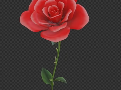 Beautiful Red Rose Flower With Fresh Green Stem And Lush Leaves 3d model