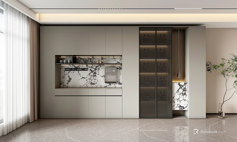 Elegant Modern Sideboard Interior Design With Gray Cabinets And Marble Accents 3d model