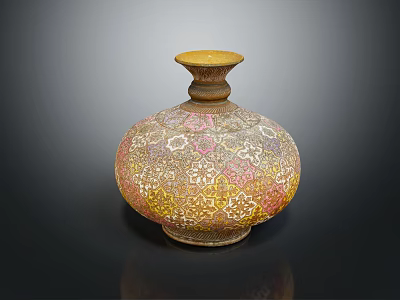 Exquisite Decorative Vase With Yellow Top And Intricate Pink Yellow Patterns 3d model