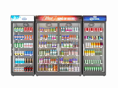 Commercial Glass Door Display Refrigerators Filled With Various Branded Beverage Bottles 3d model